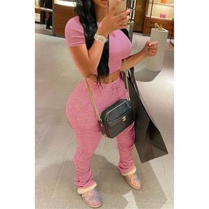 Pink Stacked Ruched Pants With Crop Top Set